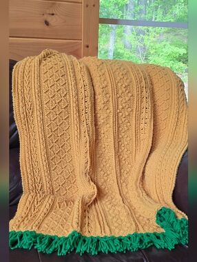 Vintage 70s Handmade Afghan Granny Throw Retro Green Gold Yellow Multiple Stitch